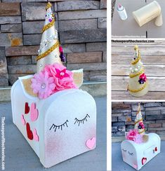 this is an image of a cardboard box decorated like a unicorn