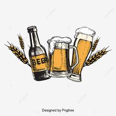 two beer mugs and some ears of wheat on a white background with the words beer written