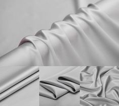 three different views of white satin fabric, one in grey and the other in silver