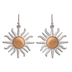 Absorb the warmth of the sun wherever you are with this cute pair of dangle earrings from Rain Jewelry. Sun ray designs in gold and silver metal are sure to add some vacay vibes to any ensemble you accessorizefrom shorts and tees to little black dresses. | Drop earrings from Rain Jewelry feature mixed metal sun designs. | Base metal. | 1.5" L Rain Jewelry, Vacay Vibes, Sun Earrings, Mixed Metal Earrings, Mixed Metal Jewelry, Sun Designs, Metal Earrings, Personalized Accessories, Mixed Metals