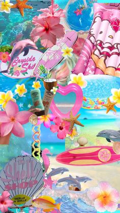 a collage of pink and blue images with flowers, shells, seashells and other items