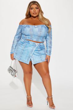 Available In Blue. Mesh Skort Set Off Shoulder Top Long Sleeve Ruched Sleeves Lined Skort Elastic Waistband Stretch Disclaimer: Print Placement May Vary. Top: 92% Polyester 8% Spandex Skort: 95% Polyester 5% Spandex Imported | Unbothered Denim Print Skort Set in Blue size 1X by Fashion Nova Skort Set, Denim Print, Off Shoulder Top, Jean Top, Print Placement, Plus Size Jeans, Off Shoulder Tops, Matching Dresses, Clothes For Sale