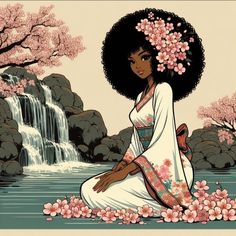 a woman with an afro is sitting in front of a waterfall and flowers on the ground