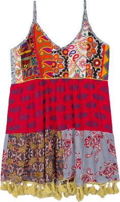 A lovely, bright and fun summer dress with multi-pattern print, sleeveless style and pom-poms! Just the refresher you need, this midi rayon dress has adjustable straps, a v-neck and printed Indian patterns all over. It has a smocking in the back, buckle in the strap and is lined at the bust. #tlb #Sleeveless #beachwrap #MidiDress #BabyDollDress Bohemian Sleeveless Multicolor Print Dress, Multicolor Tiered Summer Sundress, Bohemian Colorful Summer Sundress, Casual Multicolor Tiered Sundress, Sleeveless Patchwork Sundress, Multicolor Sleeveless Hippie Dresses, Multicolor Vibrant Print Sleeveless Sundress, Multicolor Mixed Print Sleeveless Dress, Multicolor Sleeveless Dress With Mixed Print