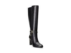 LAUREN Ralph Lauren Manchester - Women's Shoes : Black : Walk with confidence and style wearing the LAUREN Ralph Lauren Manchester. This pair of knee-high boots feature leather upper and padded insole for all day wearing. It has side zippered closure for easy on and off. Leather, cotton, polyurethane lining. Ankle strap with engraved buckle design. Almond toe design. Block heel. Rubber outsole. Imported. Measurements: Heel Height: 3 1 4 in Circumference: 14 1 4 in Shaft: 15 in Product measurements were taken using size 7, width B - Medium. Please note that measurements may vary by size. Knee-high Riding Boots With Buckle Closure, Knee-high Boots With Buckle Closure For Work, Workwear Boots With Buckle Closure, Knee-high Moto Boots For Workwear, Knee-high Moto Boots For Work, Workwear Knee-high Boots With Buckle Closure, Fall Office Boots With Buckle Closure, Winter Leather Mid-calf Tall Boots, Leather Mid-calf High Shaft Boots For Work