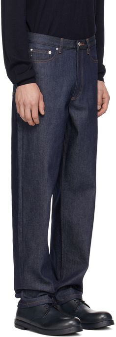 Tapered wide-leg stretch denim jeans. · High-rise · Belt loops · Five-pocket styling · Zip-fly · Logo engraved silver-tone hardware · Contrast stitching in tan Supplier color: Indigo Fly Logo, Leg Stretching, Silver Engraving, High Rise Jeans, Contrast Stitch, High Jeans, A P, Stretch Denim, Straight Leg Jeans