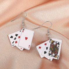 Add A Touch Of Style To Your Outfit With These Beautiful Playing Card Drop Earrings. The Earrings Are Made Of Zinc Alloy And Have A Silver-Colored Metal Finish. They Measure Approximately 0.75" X 1" (Not Including The Hook), And The Hook Closure Ensures That They Stay Securely In Place. The Earrings Feature A Fun Gambling/Casino Theme And Are Perfect For Any Occasion. They Come In Multicolor And Are Shaped Like Playing Cards. These Earrings Are Not Antique, But They Are Brand New With Tags. Make Card Game Earrings, Casino Themed Outfit, Acrylic University, Turquoise Statement Earrings, Card Earrings, Movie Ideas, White Opal Earrings, Vintage Drop Earrings, Clothing Art