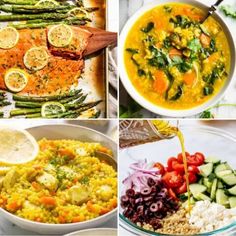 four different pictures of food including fish, vegetables and rice in white bowls with spoons