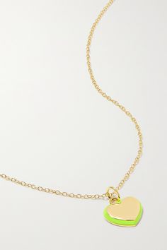 Alison Lou's necklace has a heart-shaped charm traced with neon-yellow enamel. It's hand-cast from 14-karat gold and strung on an adjustable chain, so you can wear it layered with longer or shorter styles. Green Heart-shaped 14k Gold Jewelry, Green 14k Gold Heart Jewelry, Green 14k Gold Heart Pendant Necklace, Yellow 14k Gold Heart Jewelry, 14k Gold Heart-shaped Yellow Jewelry, Heart-shaped 14k Yellow Gold Jewelry, Sapphire Necklace Gold, Alison Lou, Enamel Necklaces