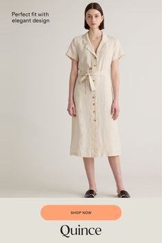 This midi linen dress should be in every wardrobe. Made from 100% organic linen and designed to be versatile, with elegant buttons down the front, and two pockets at the waist, and adjustable removable belt for the perfect fit.  | Quince | Women's Short Sleeve Dress in Sand, Size XL, Linen Midi Linen Dress, Button Front Dress, European Linens, Organic Linens, Short Sleeve Dress, Linen Women, Dress 100, Linen Dress, Quince