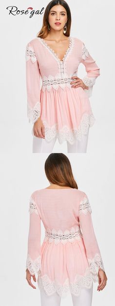 Free shipping over $49, up to 70% off, Lace Panel Full Sleeve Skirted Blouse - Light Pink | #rosegal #tops #women #lace Tops With Lace, Lacey Tops, Womens Clothing Online, Cute Blouses, Skirt And Blouse, Cheap Womens Clothing, Loose Fitting Tops, Women Tunic Tops