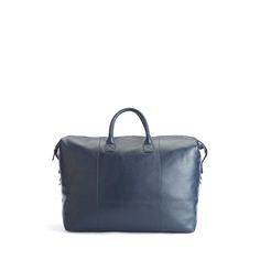 Weekender duffel bag made of leather. Zip around top closure. Rolled top handles. Removable, adjustable shoulder strap. Approx. 20"L x 17"T x 8"D. Imported. Luxury Weekender Bag With Adjustable Strap, Luxury Weekender Bag With Adjustable Strap And Double Handle, Luxury Rectangular Weekender Bag With Adjustable Strap, Modern Satchel Weekender Bag With Detachable Strap, Luxury Soft Leather Duffle Bag With Double Handle, On-the-go Smooth Grain Top Handle Satchel, Modern Top Handle Duffle Bag With Leather Handles, Luxury Duffle Bag With Adjustable Strap For Travel, Classic Top Handle Duffle Bag For On-the-go