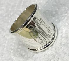 "Monogrammed Sterling Tube Ring Beautiful and elegant! This Sterling Silver tube ring is such a beauty...You will fall in Love!! Really looks nice with so many looks Available in sizes 6-12 Measures Approximately 3/4\" tall, and the back measures approximately, 1/2\" Sterling Silver Please comment with initials for engraving, in order to appear, in the Notes to Seller Section when purchasing Thanks so much!" Luxury Engraved Monogram Ring For Formal Occasions, Luxury Monogram Engraved Ring For Formal Occasions, Cheap Classic Sterling Silver Engraved Ring, Luxury Monogram Engraved Ring For Formal Events, Luxury Engraved Silver Ring, Luxury Engraved Sterling Silver Ring For Women, Luxury Antique Rings Stamped 925, Luxury Sterling Silver Initial Ring With Polished Finish, Luxury Vintage Sterling Silver Initial Ring