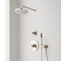 Gunther Pressure Balance Shower System with Hand Shower - Brushed Nickel | Brass | Signature Hardware Polished Nickel Bathroom Fixtures, Industrial Showers, Shower Build, Brass Shower Head, Lighted Medicine Cabinet, Faucet Design, Shower Fixtures, Brass Shower, Wall Mount Faucet