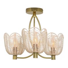 three light chandelier with white wicker baskets on the bottom and gold trimmings