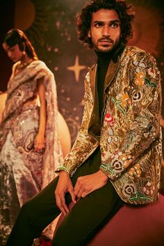 Aisha Rao-Antique Gold Blazer-INDIASPOPUP.COM Black Embroidered Suit Men, Aisha Rao, Light Blue Blazer, Embellished Blazer, Designer Blazers For Men, Gold Suit, Gold Tissue Paper, Gold Blazer, Classic Tuxedo