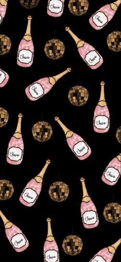 a black background with pink and gold bottles