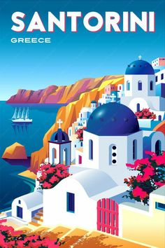 an image of a travel poster for the greek island of san antonioi, greece