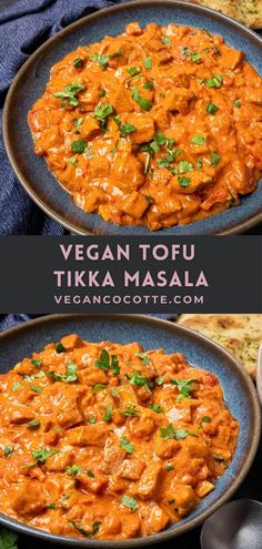 vegan tofu tikka masala in a blue bowl