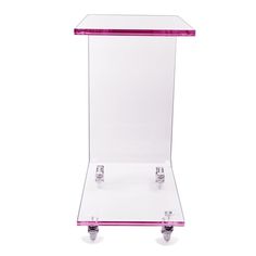 a pink and clear glass display case with wheels