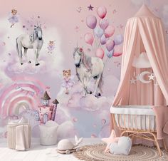 a child's room with pink walls and unicorns on the wall, clouds, stars, and balloons