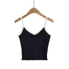 Style: Sexy Fit: Slim Fabric: Polyester Pattern: Solid Element: Ruffle Top Length: Short Neckline: V-Neck Product Type: Camis Main Composition: Polyester Season: Summer Black Knit Cami Top, Knitted Camisole, Chic Tank Tops, Business Skirt, Elegant Pant, Chic Jeans, Chic Shirts, Chic Pants, Jumpsuit Elegant