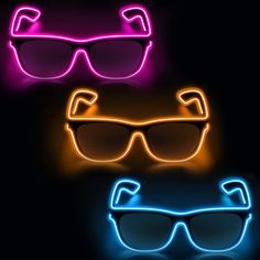 three neon glasses with different colors and shapes