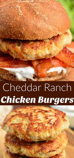 chicken burgers stacked on top of each other with bacon and ranch dressing in the middle