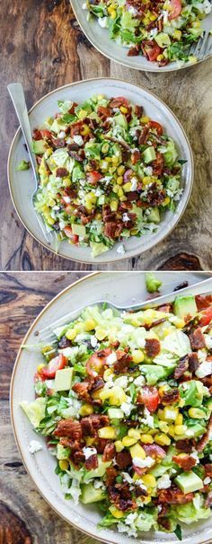 two plates filled with salad on top of a wooden table