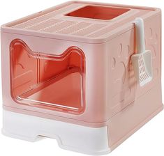 a pink and white toaster oven with the door open to show it's interior