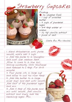 a recipe for strawberry cupcakes with strawberries in the basket and on top