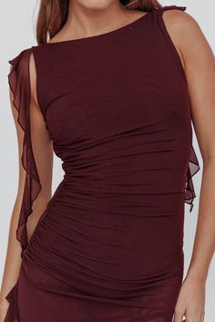 Shop the After Party Sleeveless Ruffle Trim Mini Dress Wine | Selfie Leslie Wine Selfie, Dress Lining, Selfie Leslie, New Party Dress, Dress Wine, Party Mini Dress, Iron Material, Baguette Bag, Sleeveless Bodysuit