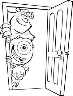 the inside of an open door with two cartoon characters in black and white coloring pages