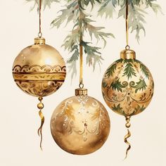 three ornaments hanging from a tree with green leaves on the top one is gold and white