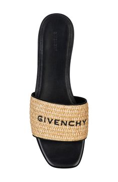 Embroidered Givenchy lettering pops against the woven-raffia band of this square-toe slide sandal. Textile and leather upper/leather lining and sole Made in Italy Women's Designer Shoes Leather Sandals With Logo Strap For Spring, Spring Leather Sandals With Logo Strap, Luxury Summer Sandals With Logo, Chic Logo Sandals For Summer, Chic Summer Sandals With Logo, Designer Slides With Flat Heel For Summer, Leather Sandals With Logo For Spring, Spring Leather Sandals With Logo, Designer Woven Leather Sandals For Summer