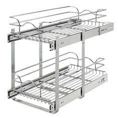 two metal shelves with baskets on each shelf