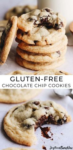 gluten - free chocolate chip cookies are stacked on top of each other with one bite taken out