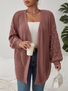 Dusty Pink Casual Collar Long Sleeve Knitwear Plain  Embellished Slight Stretch  Women Plus Clothing