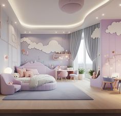 a child's bedroom decorated in pastel colors with clouds on the wall and ceiling