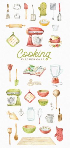 a watercolor painting of cooking items and utensils on a white background with the words cooking kitchenware