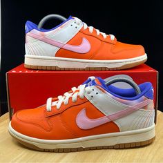 D21 - Size 6.5y / 8 Womens Nike Dunk Low Safety Orange/Soft Pink Fn0600 801 >Brand New Never Worn And In Amazing Condition, (Has Box But Missing Lid) No Rips/Tears/Stains Anywhere On The Shoes. If You Have Any Questions Please Message Me And I’ll Get Back To You As Quickly As Possible. >If You Like This Pair Of Shoes You May Like Some Of My Other Pairs As Well, I Have Over 500 Pairs To Choose From I Give Discounts On All Bundles Retro Orange Leather Sneakers, Orange Sneakers With Cushioned Footbed And Round Toe, Nike Orange Sneakers With Round Toe, Nike Air Jordan Mid, Nike Zoom Pegasus, Swim Shoes, Womens Nike, Nike Air Huarache, Air Huarache