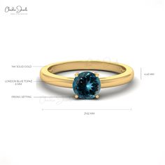 Description This gorgeous London Blue Topaz solitaire ring blends a classic design with a one-of-a-kind gemstone to create a truly stunning ring that will cherish for many years. The solitaire ring has a beautiful 6mm round cut London Blue Topaz in the center that weighs a total of 0.57 carats. London Blue Topaz is a birthstone for December. Rose Gold, Yellow Gold, and White Gold versions of this 14k solid gold ring are available for you. Product Details SKU CJ-R-1349-LBT Product dimension 21.62 Classic Blue Topaz Solitaire Ring, Classic Topaz Ring With Birthstone In Round Band, Classic Topaz Birthstone Ring With Round Band, Blue Solitaire Birthstone Ring With Round Band, Blue Topaz Solitaire Ring Round Cut, Blue Solitaire Topaz Ring Round Cut, Blue Solitaire Diamond Ring With Round Cut, Classic Blue Birthstone Ring With Prong Setting, Classic Blue Topaz Ring With Vvs Clarity