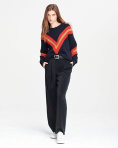 Leon Crewneck Ribbed Boyfriend Sweater in Navy | rag & bone Chic Sweater With Contrast Stripes For Winter, Chic Fall Sweater With Contrast Stripes, Chic Long Sleeve Sweater With Contrast Stripes, Striped Sweater With Ribbed Cuffs For Work, Sporty Fall Sweater With Striped Cuffs, Oversized Sweater With Ribbed Cuffs For Work, Striped Sweater With Striped Cuffs For Work, Long Sleeve Striped Sweater For Work, Long Sleeve Sweater With Contrast Stripes For Work