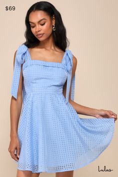 You're sure to capture plenty of hearts in the Lulus Forever Darling Blue Gingham Burnout Tie-Strap Mini Dress! Airy woven fabric boasts a gingham-inspired burnout fabric that shapes tying shoulder straps and a seamed bodice with folded trim. Fitted waist tops a circle skirt that finishes at a mini hem. Hidden zipper/clasp at side. Fit: This garment fits true to size. Length: Mid-thigh. Size medium measures 36.75" from adjustable straps to hem. Bust: Great for any cup size. Waist: Fitted - very Light Blue Mini Dress With Adjustable Straps For Spring, Blue Tie-back Dress For Picnic, Blue Tie Back Dress For Picnic, Sleeveless Gingham Dress With Tie Back, Summer Gingham Dress With Adjustable Straps, Spring Gingham Dress With Tie Straps, Spring Party Mini Dress In Gingham, Spring Gingham Dress With Tie Back, Sleeveless Gingham Dress With Tie Straps