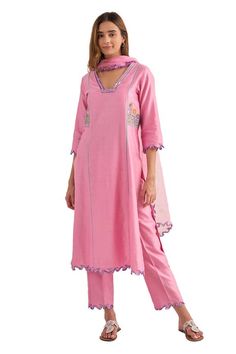 Pink kurta with floral, beads and sequins hand embroidery. Comes with pant and a dupatta. - Aza Fashions Spring Elegant Dupatta With Mirror Work, Elegant Cotton Palazzo Set With Zari Work, Fitted Cotton Palazzo Set With Gota Work, Spring Chanderi Dupatta With Mirror Work, Spring Traditional Wear With Mirror Work Unstitched, Traditional Dupatta With Mirror Work For Spring, Festive Spring Dupatta With Mirror Work, Spring Festival Traditional Wear With Mirror Work, Spring Cotton Salwar Kameez With Mirror Work