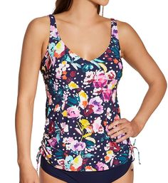 Fresh, whimsical floral patterns cover this tankini top, complete with a supportive shelf bra and adjustable sides. Made from nylon and elastane. Underwire, unpadded shelf bra has darts at the sides and bottom for shape. Bra sizing allows you to achieve the best possible fit for your shape. Elastic underband holds the shelf bra securely in place. V-neckline for a flattering shape, with covered elastic at the edges. Covered elastic straps adjust at back with coated metal hardware. Sides are gathe Navy Fitted Tankini For Vacation, Fitted Navy Tankini For Vacation, Beachwear Tankini With Built-in Cups, Beachwear Sleeveless Tankini With Built-in Cups, Sleeveless Beachwear Tankini With Built-in Cups, Floral Print Beachwear Tops For Pool, Sleeveless Navy Tankini For Beach Season, Navy Sleeveless Tankini For Beach Season, Navy Sleeveless Tankini For Summer