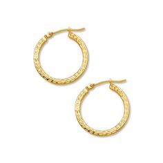 These 14K yellow gold hoop earrings feature a textured finish for added elegance. The earrings for her secure with hinged backs. Textured Small Hoop Yellow Gold Earrings, Dainty Yellow Gold Brass Hoop Earrings, Yellow Gold Tarnish Resistant Brass Hoop Earrings, Luxury Textured Yellow Gold Hoop Earrings, Elegant Gold-tone 14k Gold-filled Hoop Earrings, Jared The Galleria Of Jewelry, Gold Hoops, Gold Hoop Earrings, Earring Backs