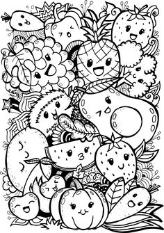 a coloring page with fruits and vegetables on the bottom right hand corner, in black and white