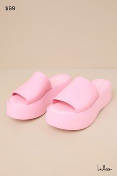 Cue the 90s nostalgia, because the Melissa Becky Pink Flatform Slide Sandals will be bringing a whole lot of throwback vibes! These chunky and cute sandals feature an almond-shaped footbed (atop a 1.5"" toe platform) and an extra-wide, shiny vinyl vamp strap that creates a classic peep-toe upper. From mini skirts to cutoffs, these shoes will be the perfect addition to any summer look! Available in whole sizes only. 2" flatform sole. Cushioned insole. Rubber sole has nonskid markings. Man made ma Trendy Flat Platform Slippers In Synthetic, Trendy Flat Sandals With Thick Bottom, Flat Platform Jelly Sandals, Flat Platform Jelly Sandals In Synthetic Material, Trendy Pink Platform Slippers With Wedge Heel, Trendy Pink Wedge Platform Slippers, Trendy Pink Platform Wedge Slippers, Trendy Pink Wedge Heel Platform Slippers, Summer Platform Sandals In Polyurethane