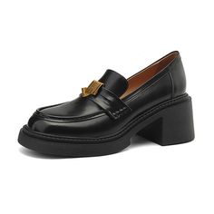 Elevate your style with these sophisticated cow leather loafers, featuring a 6cm heel for just the right amount of lift. The sheepskin insole and pigskin lining provide unparalleled comfort and elegance. Brown Leather Heels, Black Leather Heels, Dress Shoes Womens, Pig Skin, Office Casual, Black 7, Casual Everyday, Elevate Your Style, Leather Loafers